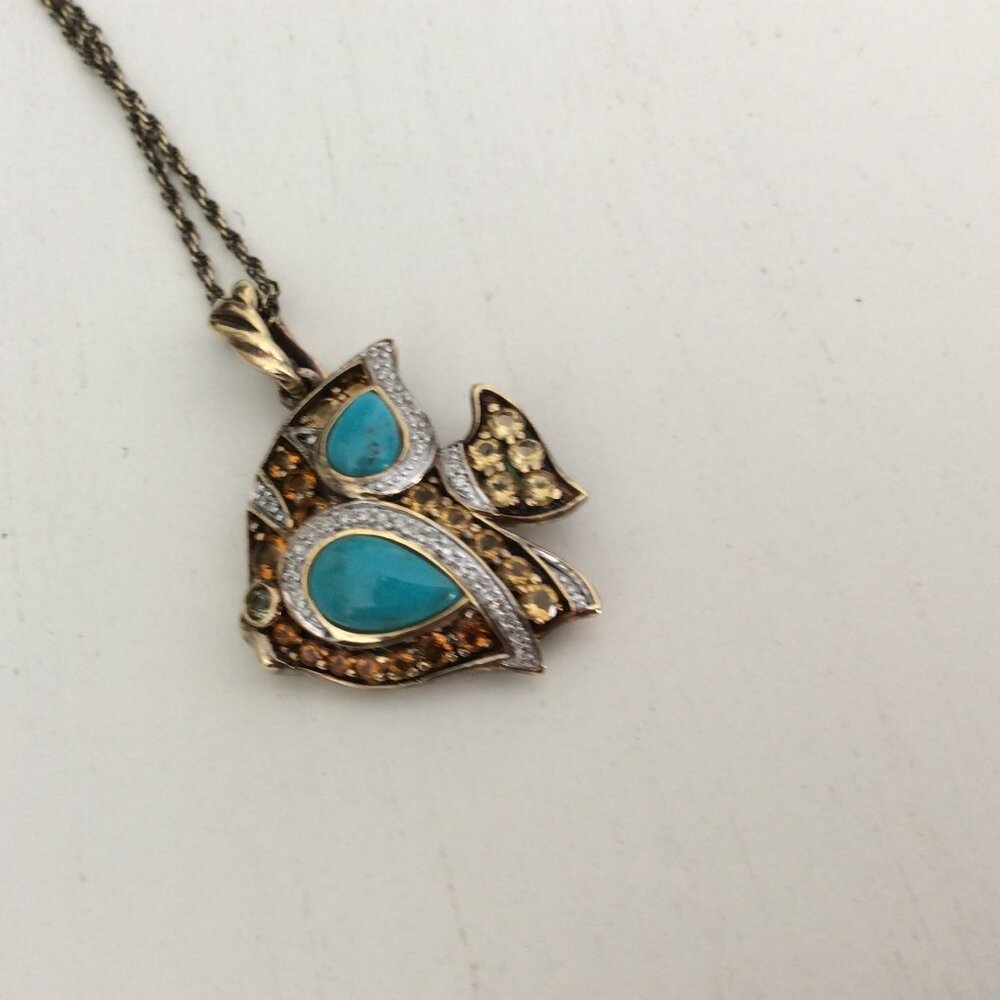 Whimsical turquoise, citrine, diamond chips fish necklace, 925 vermeil 18k